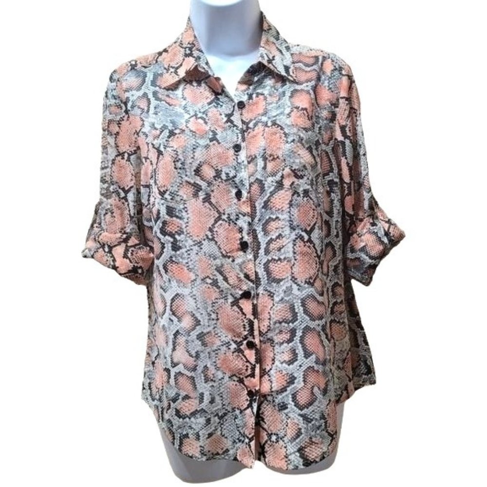 Antonio Melani Women's Size XS Orange Black Snake Print Blouse Button Up Collar